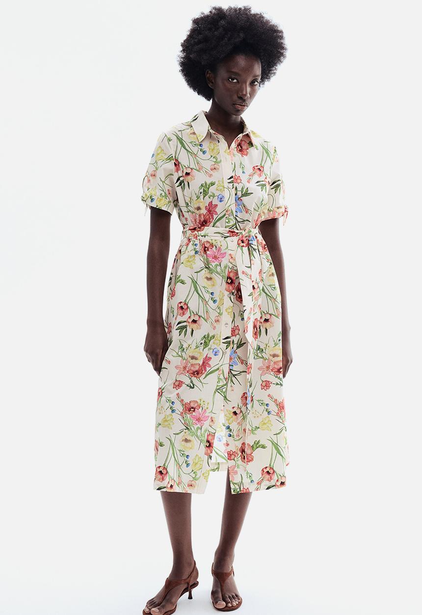 H&M - Short-sleeved shirt dress - cream/floral