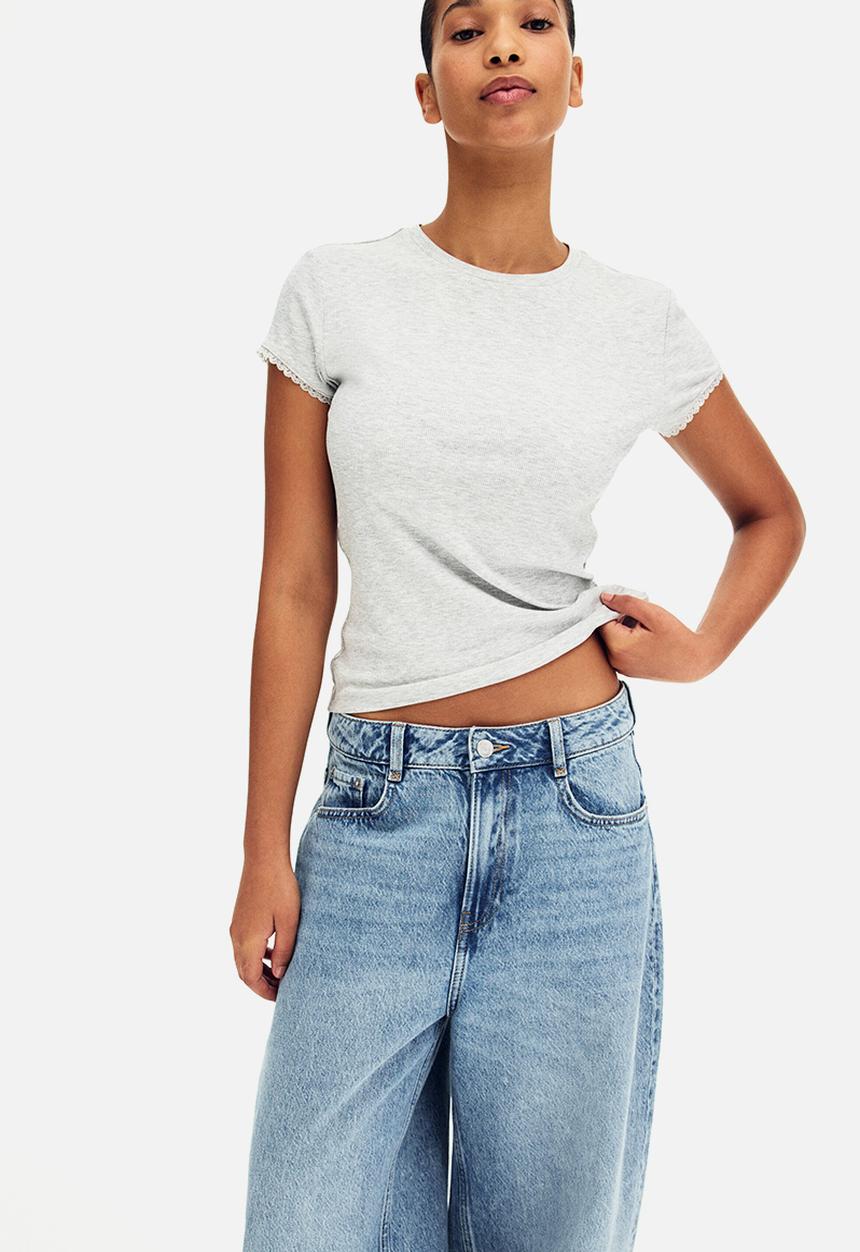H&M - Lace-trimmed viscose T-shirt - light grey marl