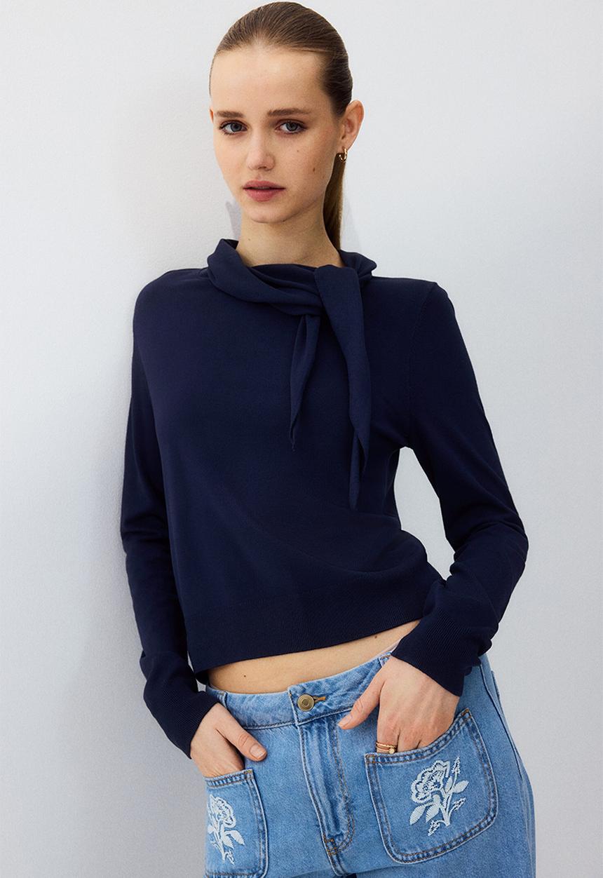 H&M - Scarf-collar jumper - navy blue