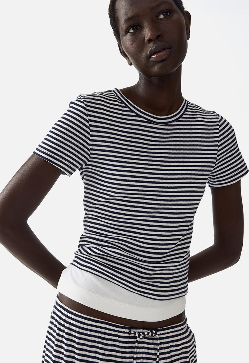 H&M - Ribbed t-shirt - navy blue/striped