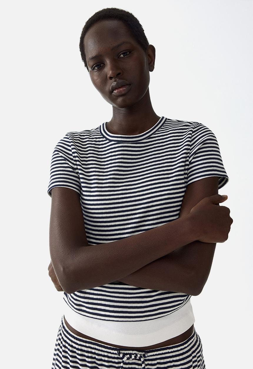 H&M - Ribbed t-shirt - navy blue/striped