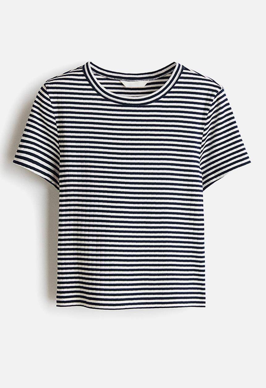 H&M - Ribbed t-shirt - navy blue/striped