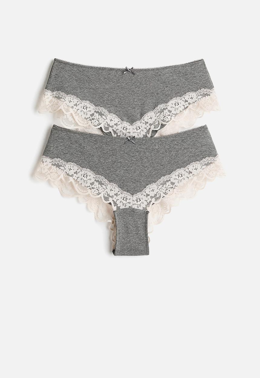 H&M - 2-pack lace-trimmed hipster briefs - grey marl/cream