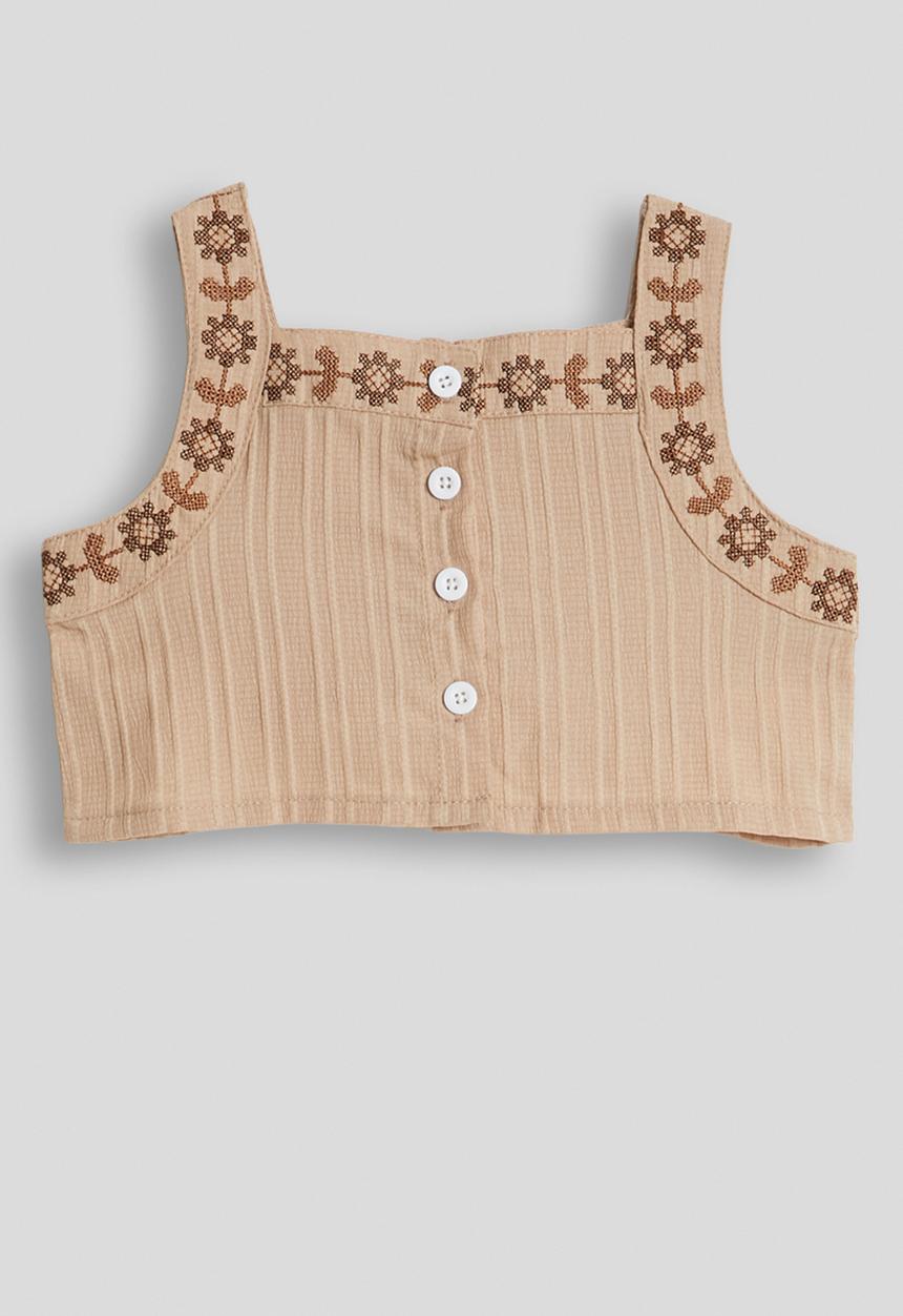 Pop Candy - Embroidered top and wide leg jeans - beige
