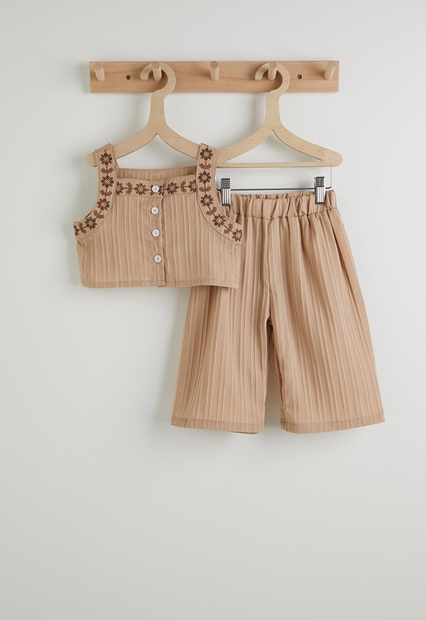 Pop Candy - Embroidered top and wide leg jeans - beige