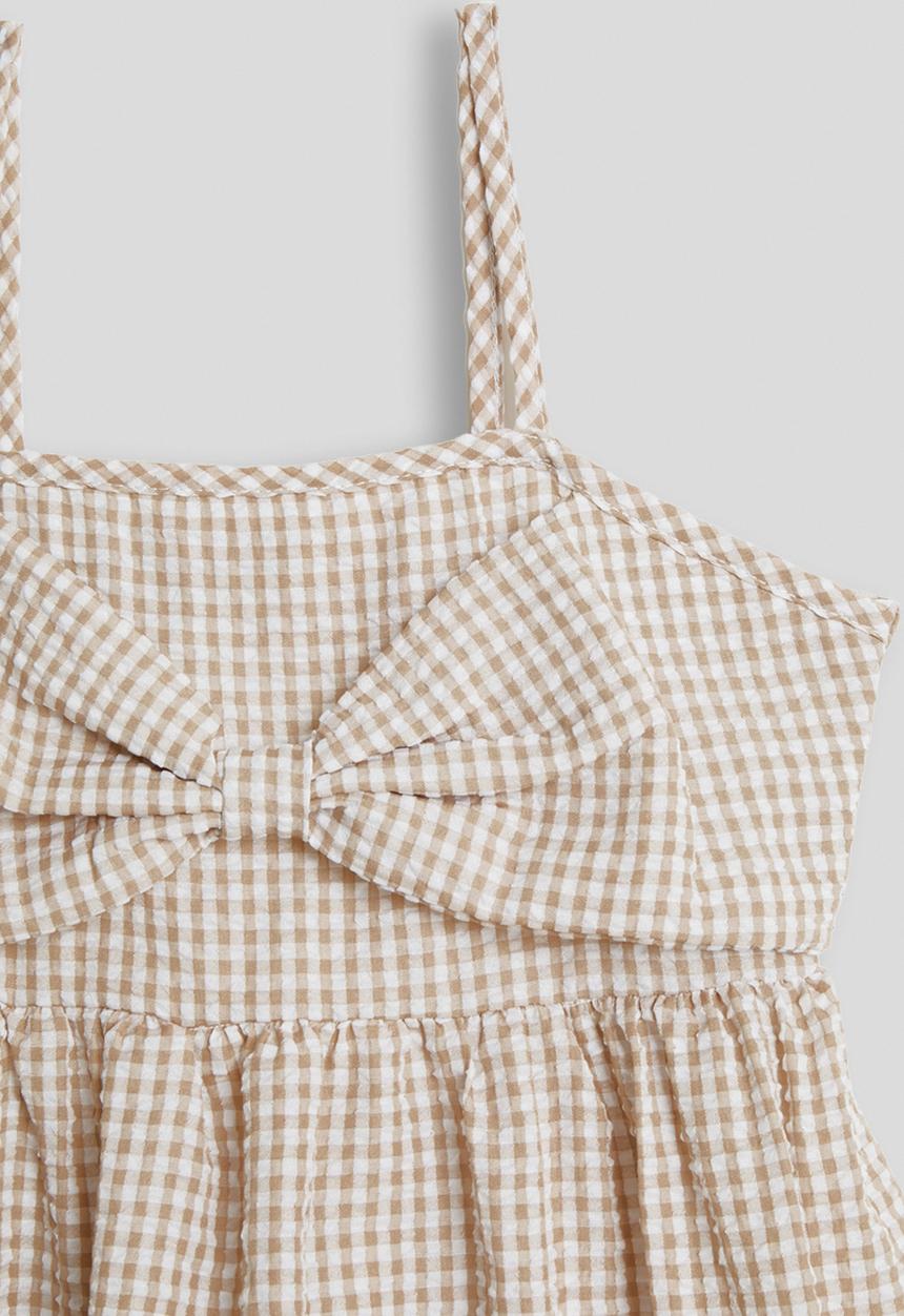Pop Candy - Gingham spaghetti strap ruffle hem dress - beige