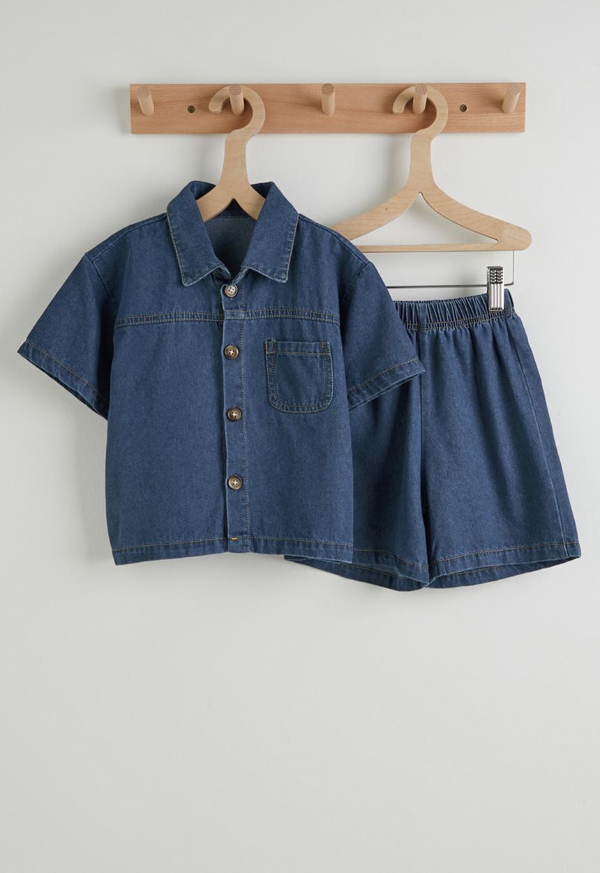 Pop Candy - Denim shirt and shorts - dark blue