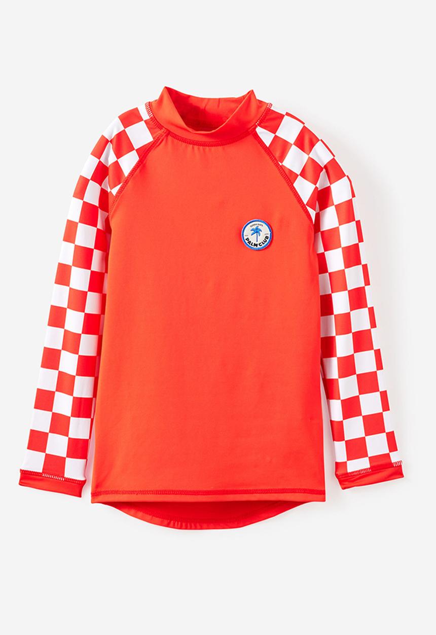 Cotton On - Flynn Long Sleeve Raglan Rash Vest - Pop Red/Vanilla Checkerboard