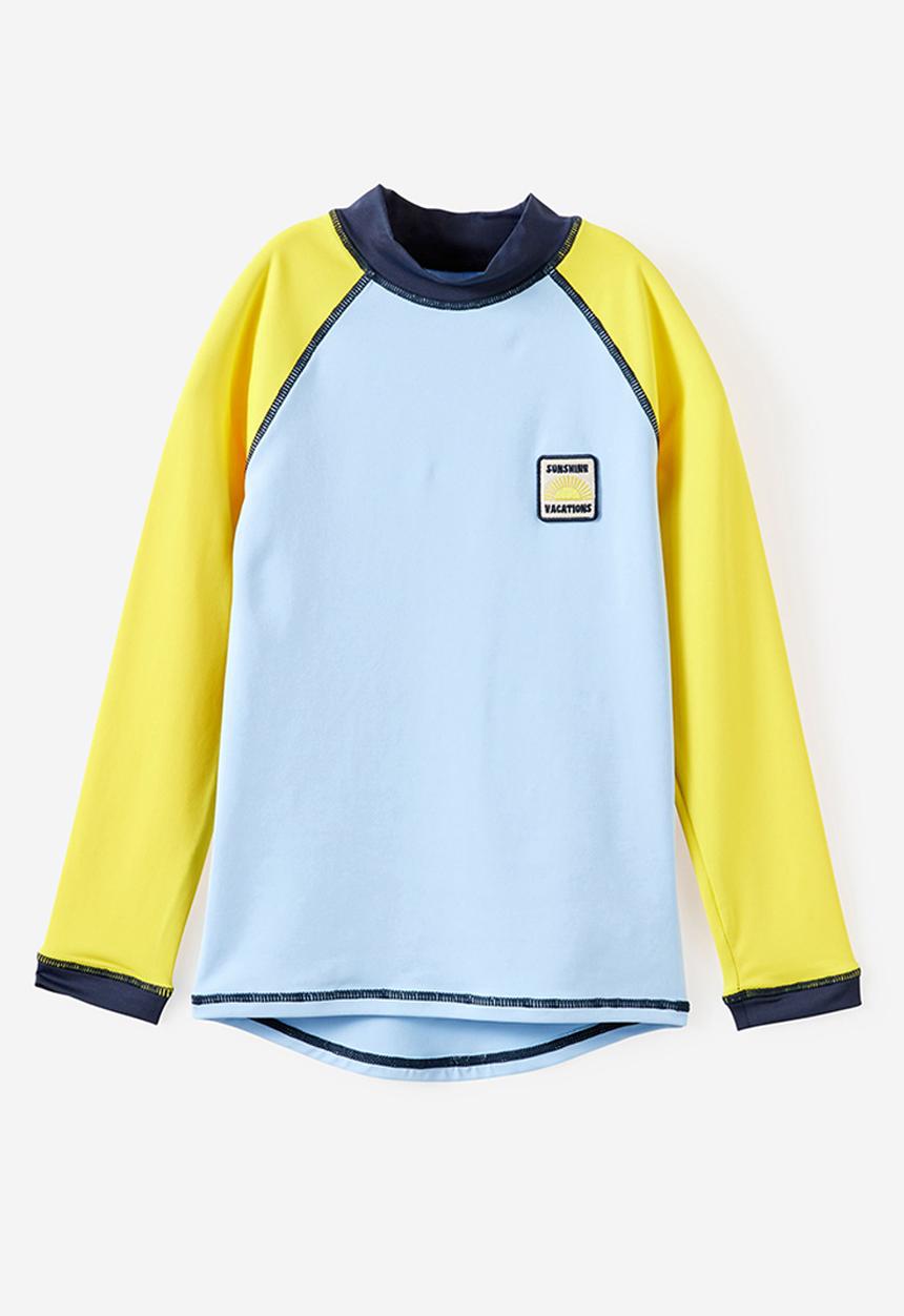 Cotton On - Flynn Long Sleeve Raglan Rash Vest - Buttercup/Squid Ink/Cloud Blue