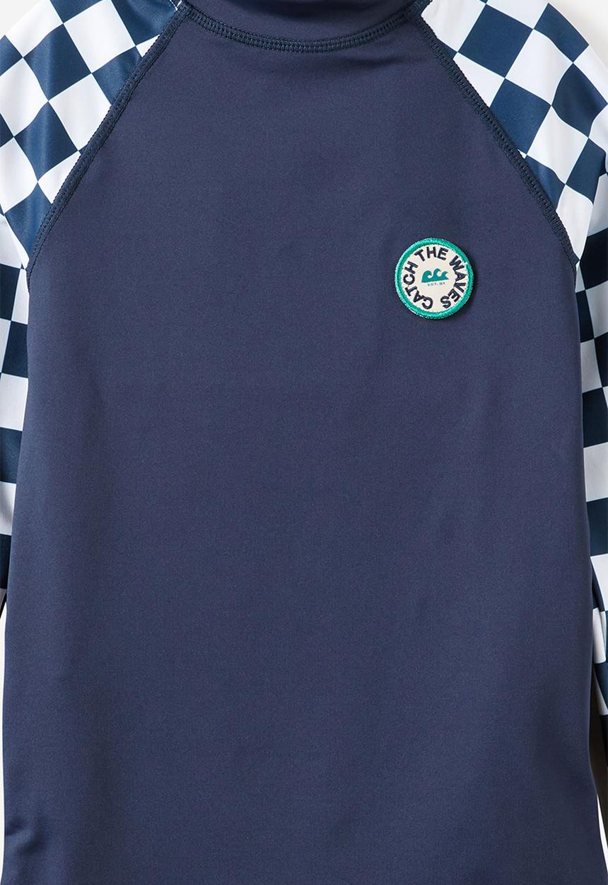 Cotton On - Flynn Long Sleeve Raglan Rash Vest - Squid Ink/Vanilla Checkerboard