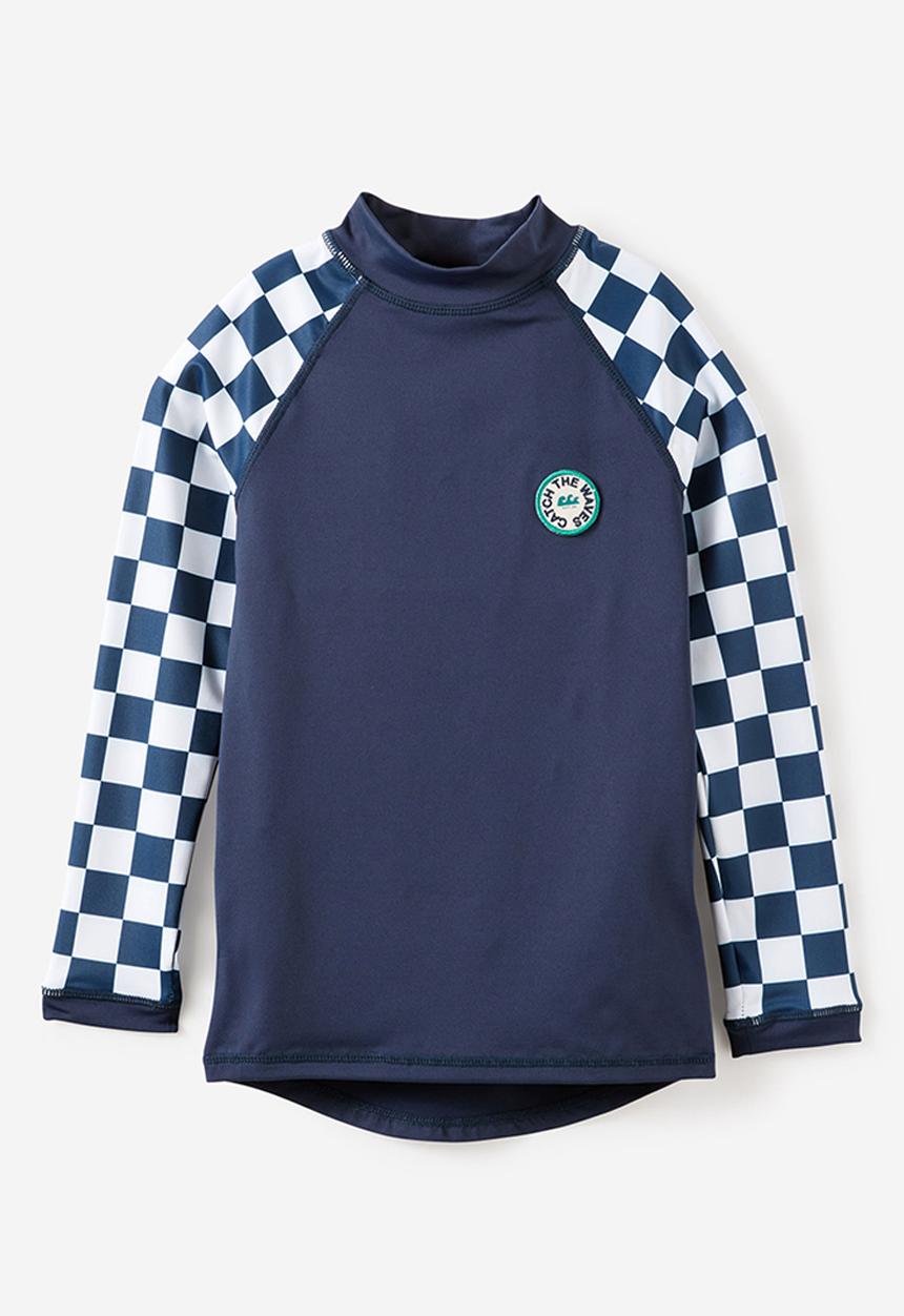 Cotton On - Flynn Long Sleeve Raglan Rash Vest - Squid Ink/Vanilla Checkerboard