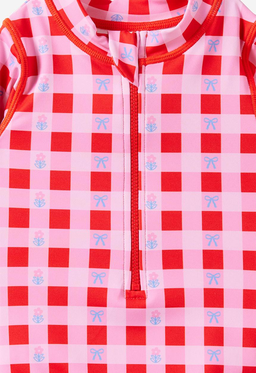 Cotton On - Lucy Long Sleeve Ruffle Back Swimsuit - Pop Red/Floral Gingham