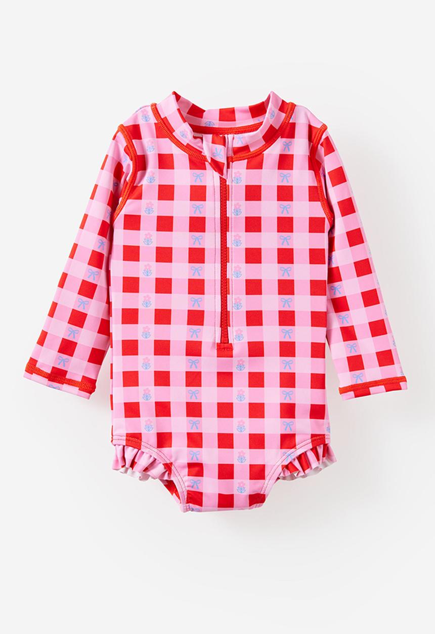 Cotton On - Lucy Long Sleeve Ruffle Back Swimsuit - Pop Red/Floral Gingham