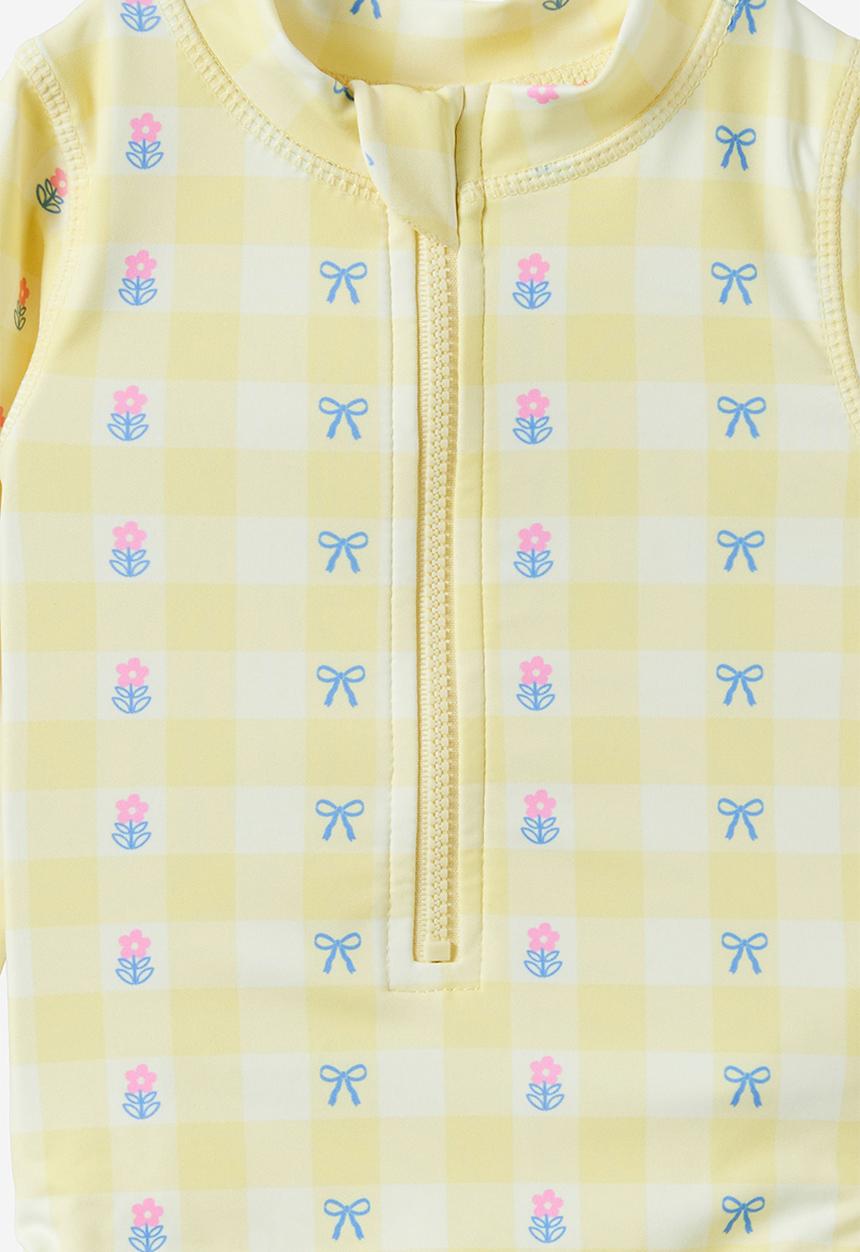 Cotton On - Lucy Long Sleeve Ruffle Back Swimsuit - Lemon Squash/Floral Gingham
