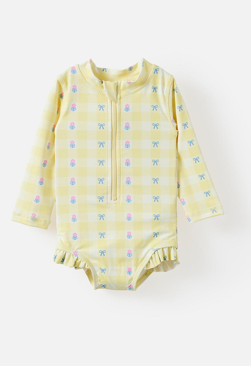 Cotton On - Lucy Long Sleeve Ruffle Back Swimsuit - Lemon Squash/Floral Gingham