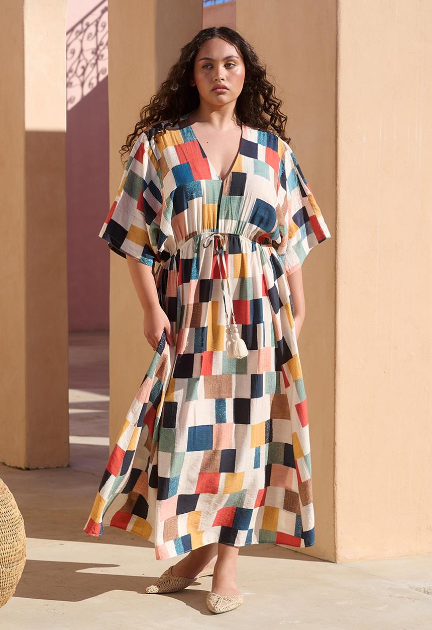Me&B - Plus Joy Kaftan Dress With Tassel Trim - Multicolour