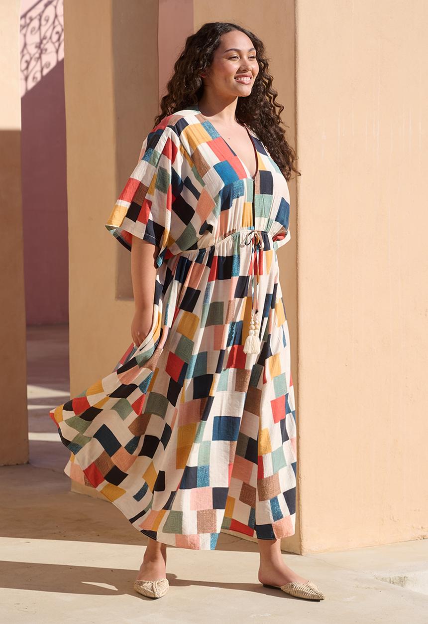 Me&B - Plus Joy Kaftan Dress With Tassel Trim - Multicolour