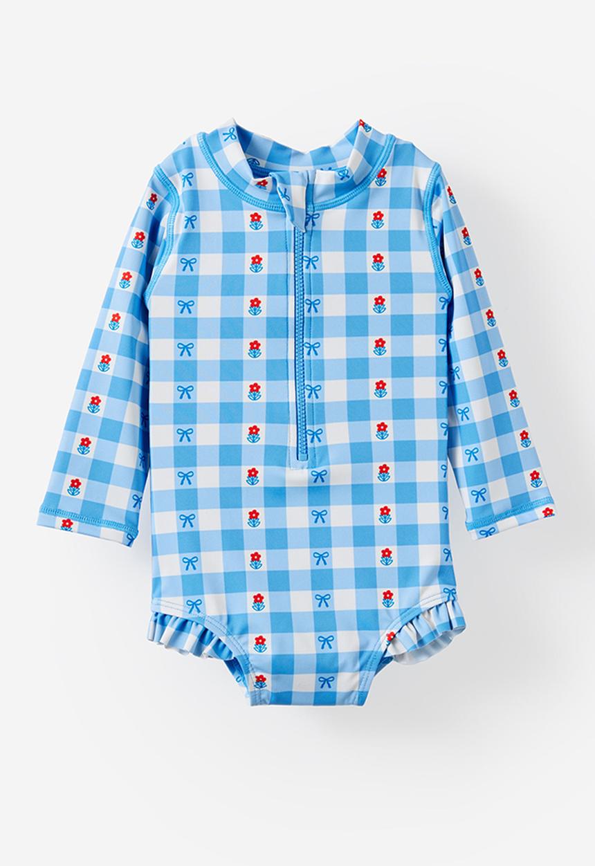 Cotton On - Lucy Long Sleeve Ruffle Back Swimsuit - Blue Bonet/Floral Gingham
