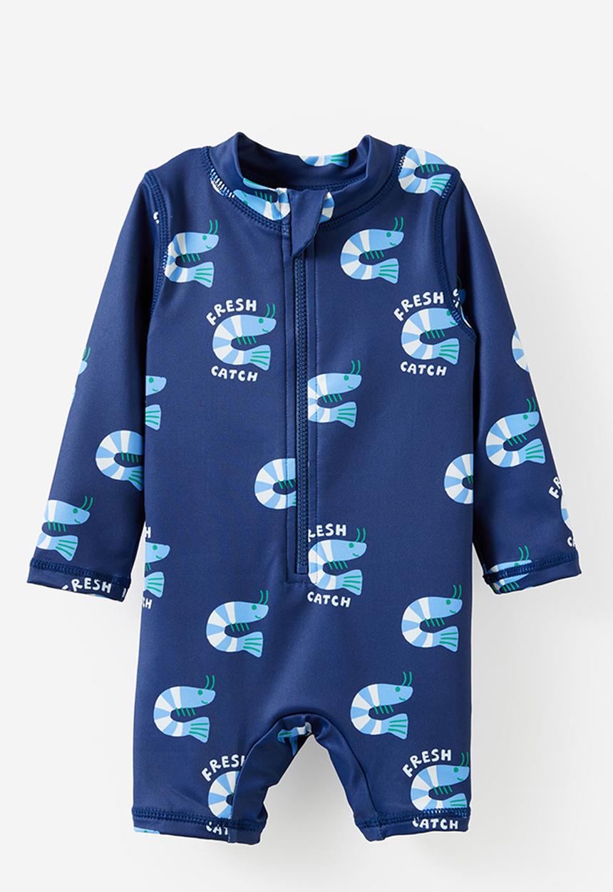 Cotton On - Baby Long Sleeve All In One Swimsuit - Denim Navy/Fresh Catch