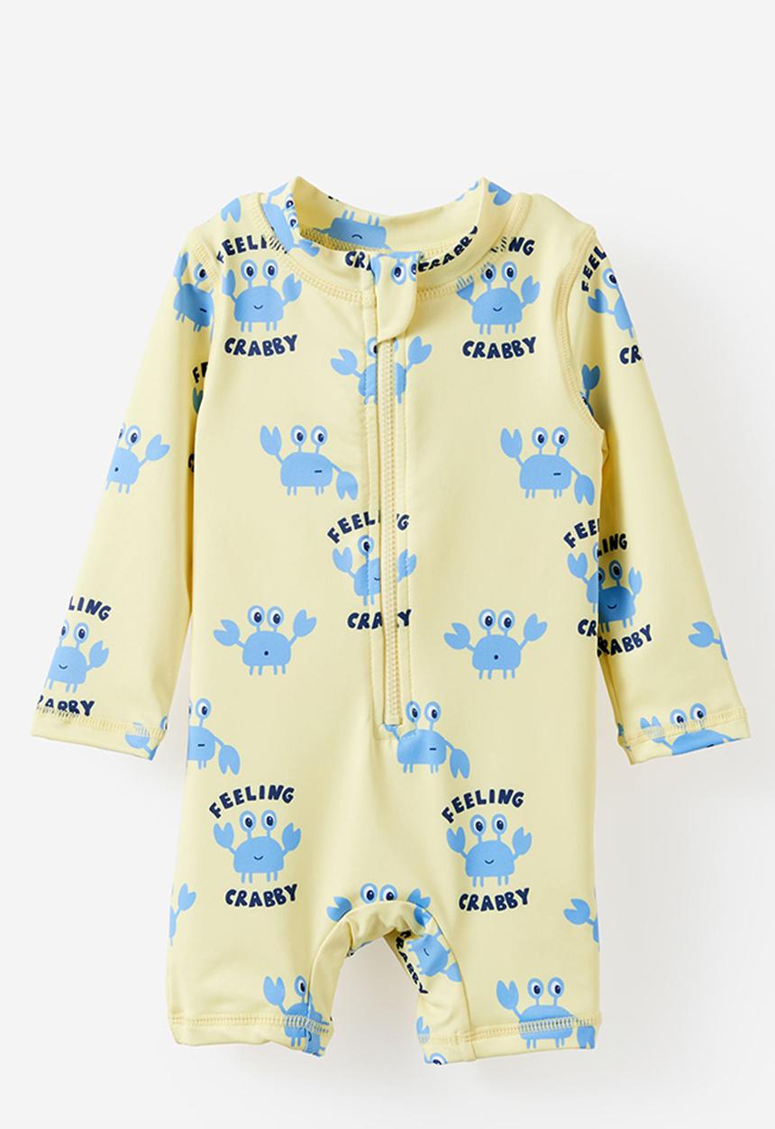 Cotton On - Baby Long Sleeve All In One Swimsuit - Lemon Squash/Feeling Crabby