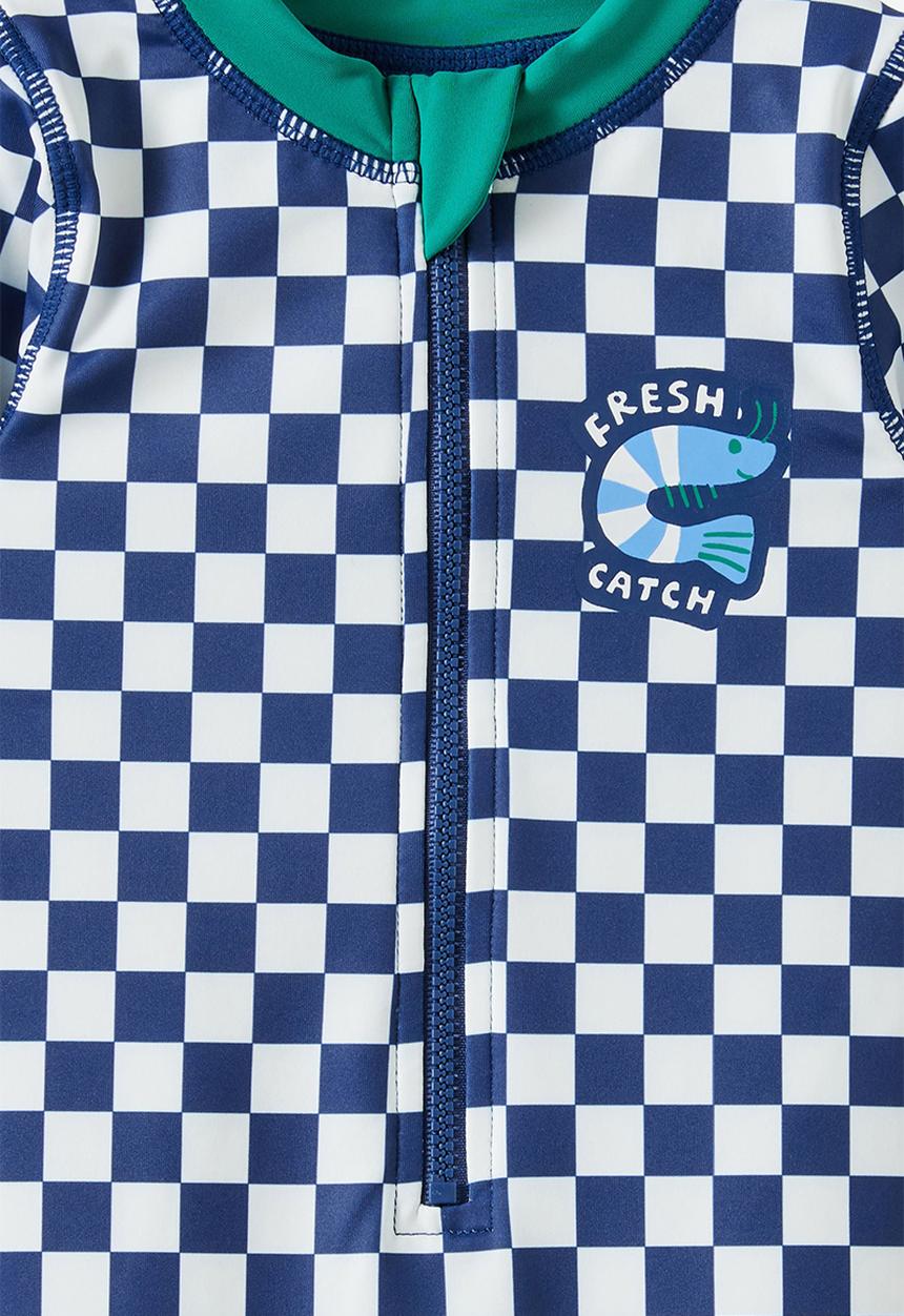 Cotton On - Baby Long Sleeve All In One Swimsuit - Denim Navy/Checkerboard Fresh Catch