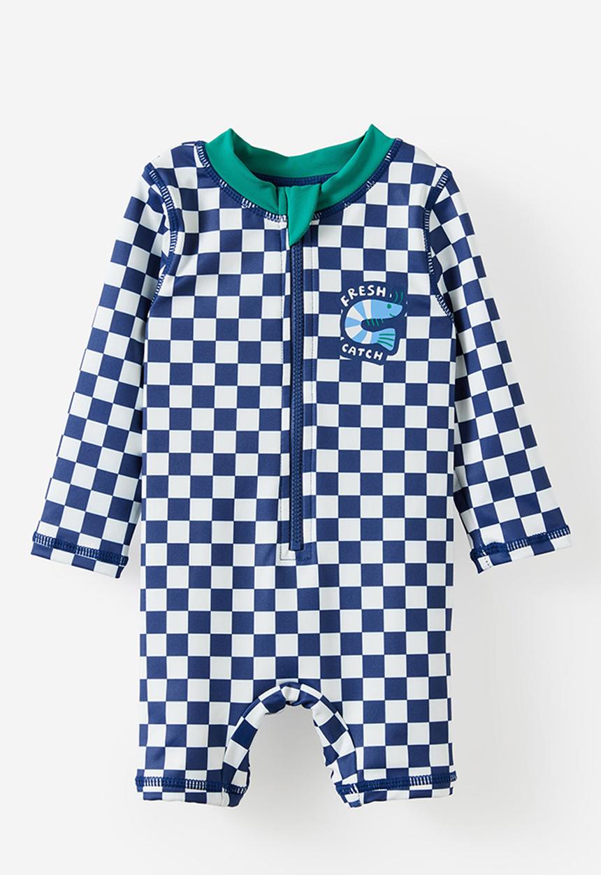 Cotton On - Baby Long Sleeve All In One Swimsuit - Denim Navy/Checkerboard Fresh Catch