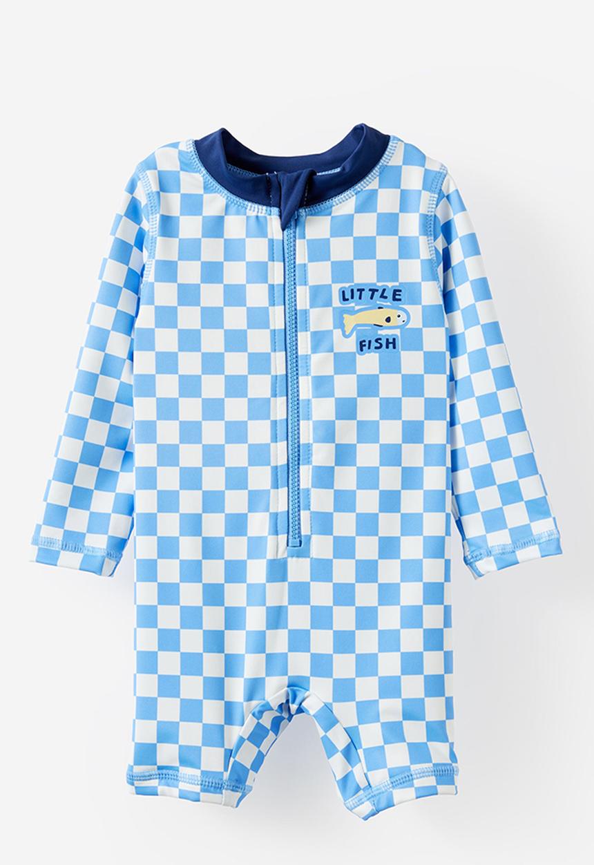 Cotton On - Baby Long Sleeve All In One Swimsuit - Blue Bonet/Checkerboard Little Fish