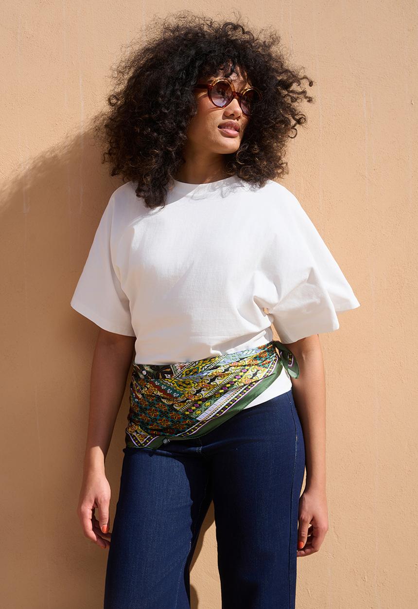 Me&B - Kimono Sleeve Cinched Waist T-shirt - Milk