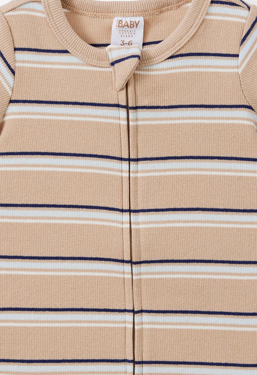 Cotton On - Growie Short Sleeve Zip Romper - Latte Cream/Max Stripe
