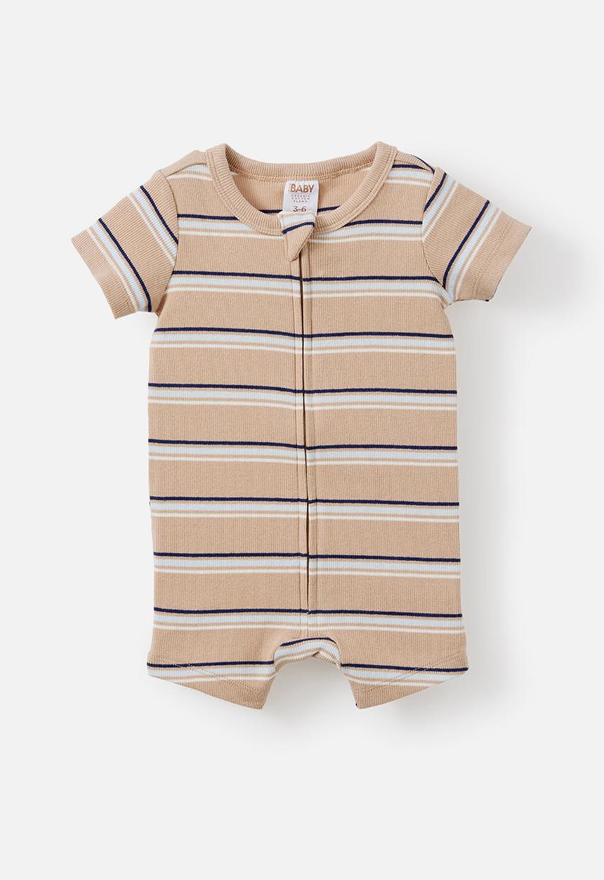 Cotton On - Growie Short Sleeve Zip Romper - Latte Cream/Max Stripe