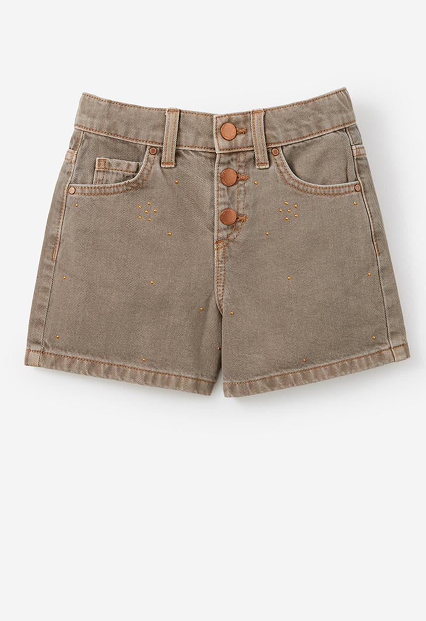 Cotton On - Snap Front Denim Short - Light Manly Grey/Flower Studs