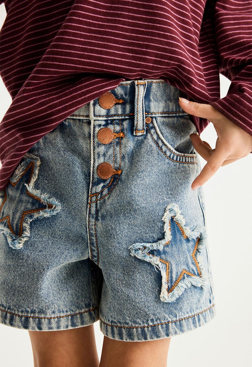 Cotton On - Snap Front Denim Short - Airlie Light Blue/Stars