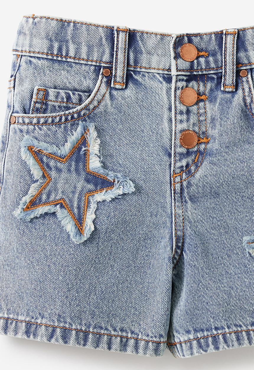 Cotton On - Snap Front Denim Short - Airlie Light Blue/Stars