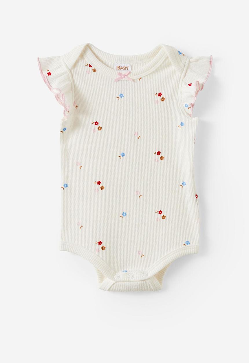 Cotton On - Organic Pointelle Flutter Bubbysuit - Milk/Sweet Ditsy Floral