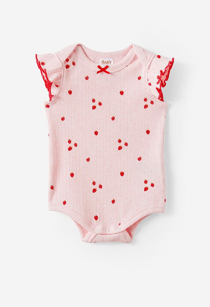 Cotton On - Organic Pointelle Flutter Bubbysuit - Pop Pink Marle/Berries