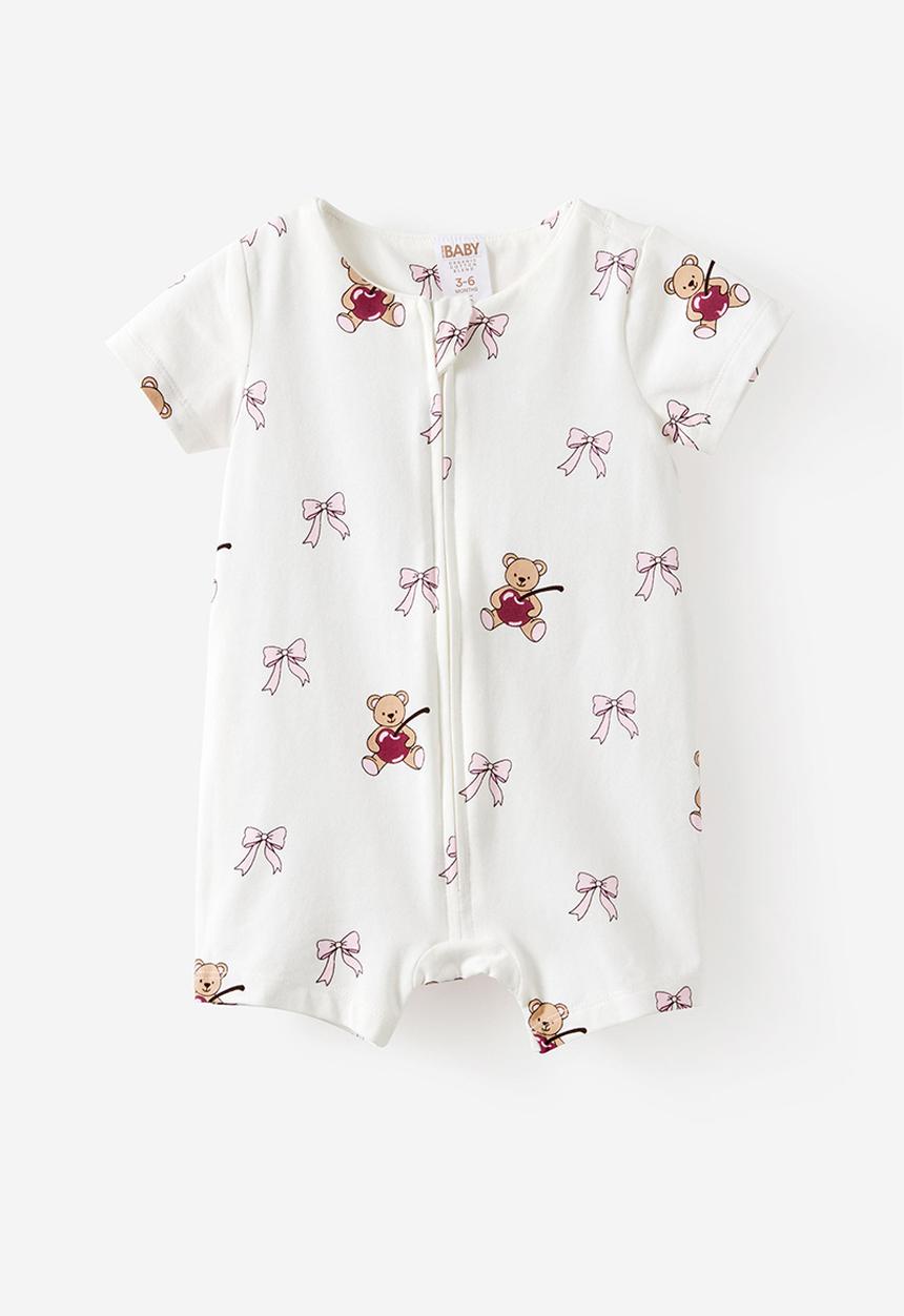 Cotton On - Growie Short Sleeve Zip Romper - Vanilla/Cherry-Bow Bear