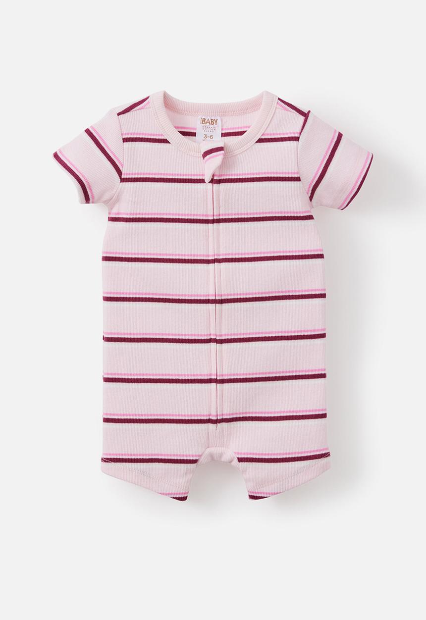 Cotton On - Growie Short Sleeve Zip Romper - Tea Party Pink/Max Stripe