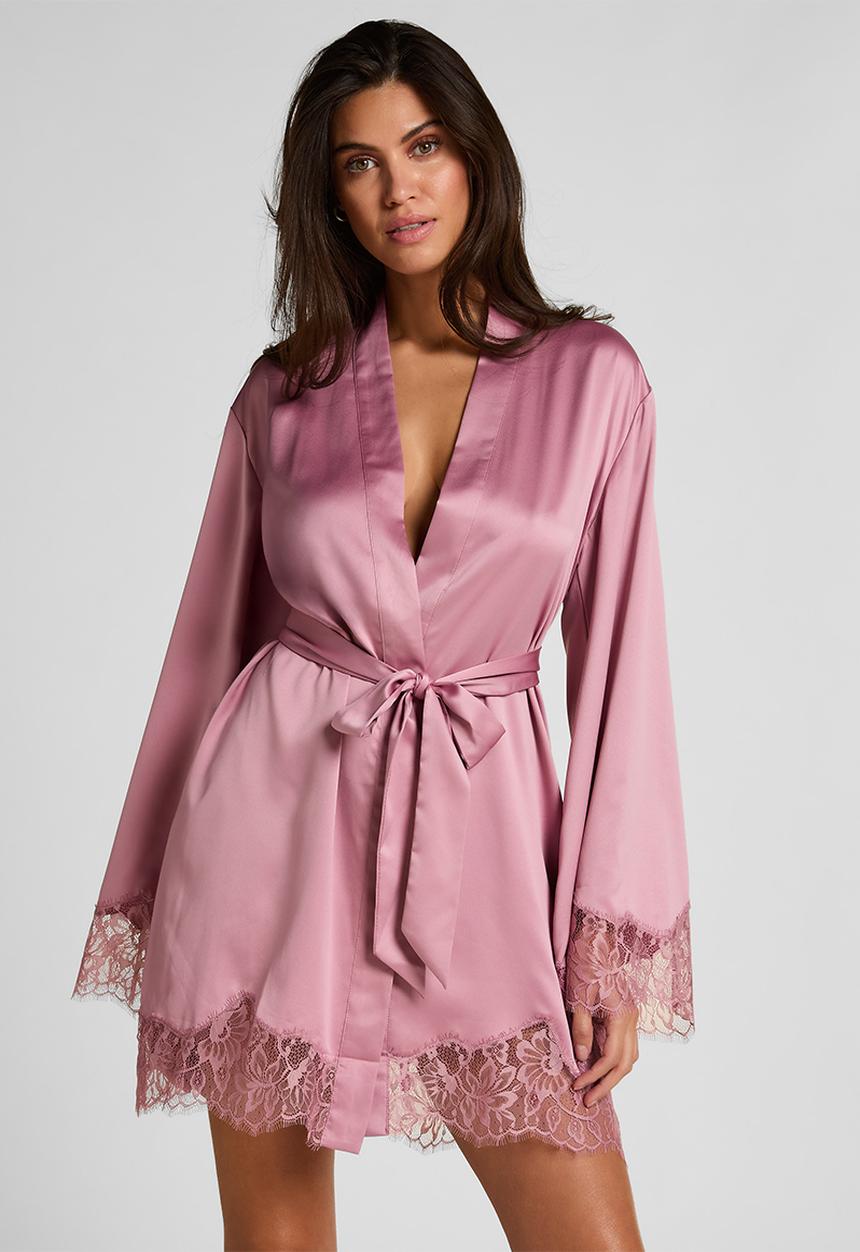 Hunkemoller - Kimono satin lace valerie robe - lilas