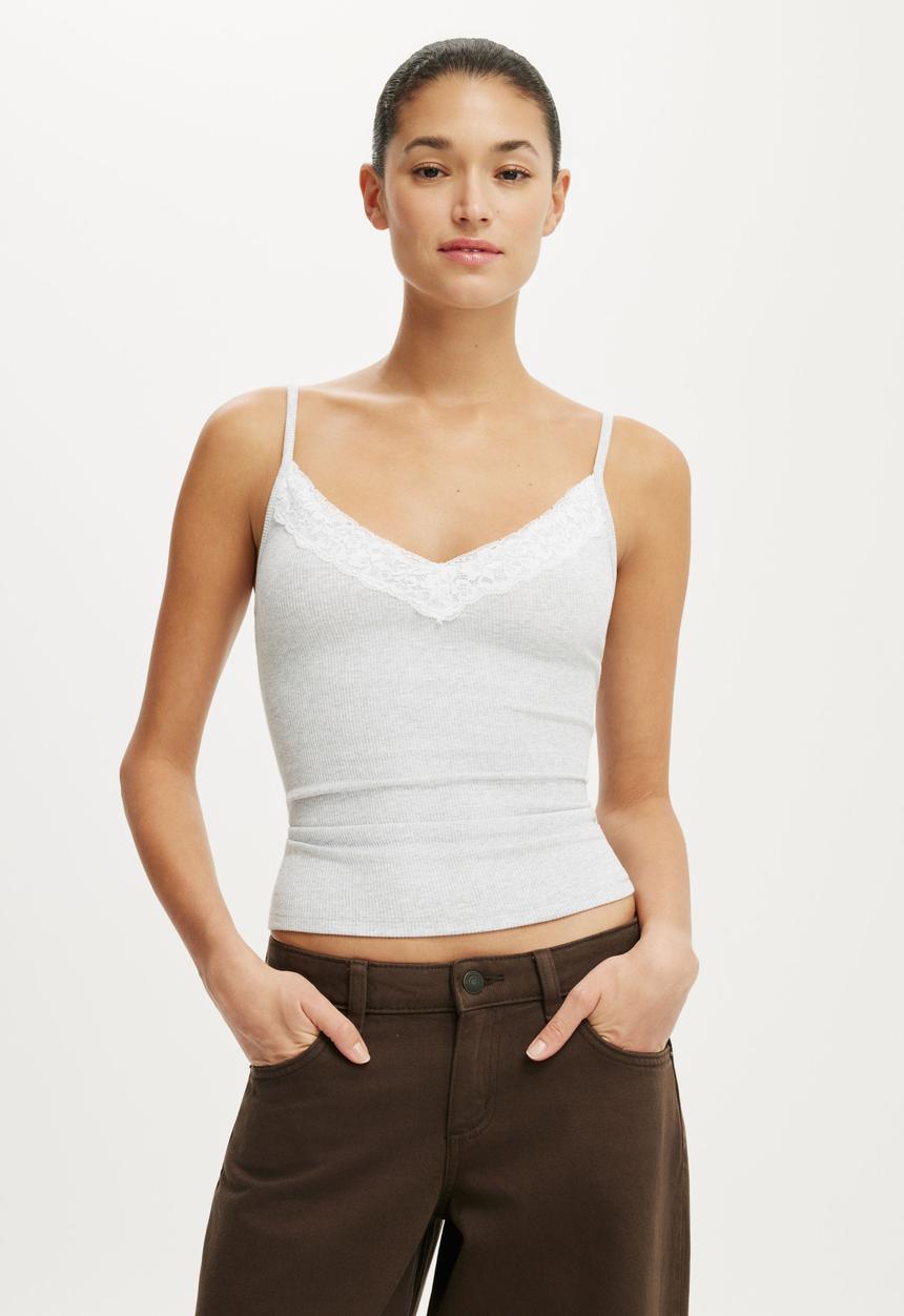 Cotton On - Lace Trim Longline Cami - Grey Marle