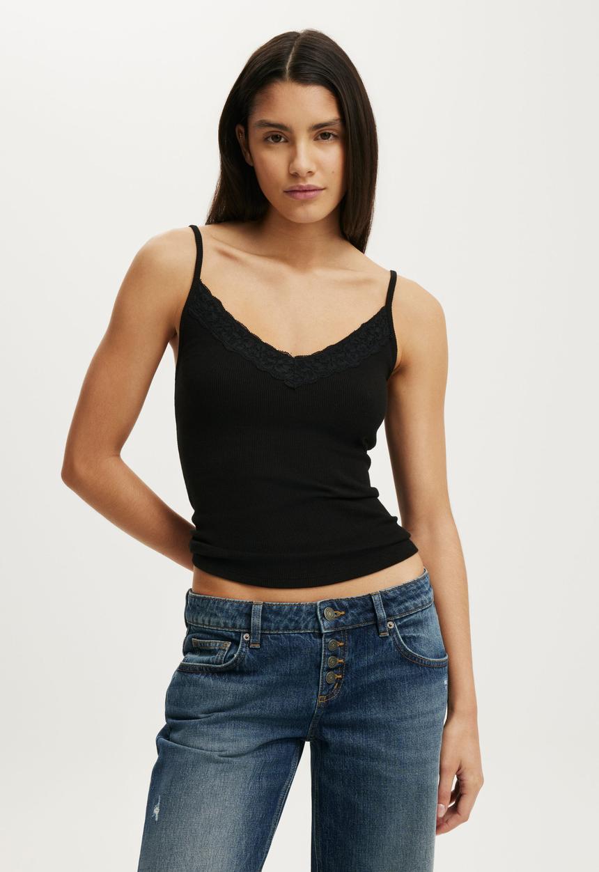 Cotton On - Lace Trim Longline Cami - Black