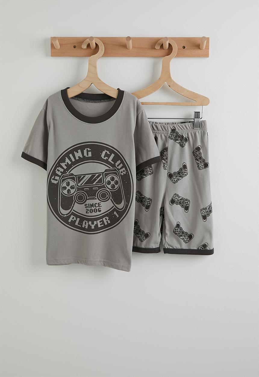 Pop Candy - Graphic tee and aop shorts pj set - grey