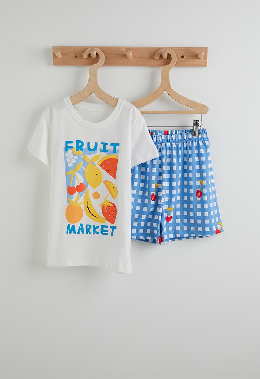 Pop Candy - Graphic tee & gingham shorts - white & blue