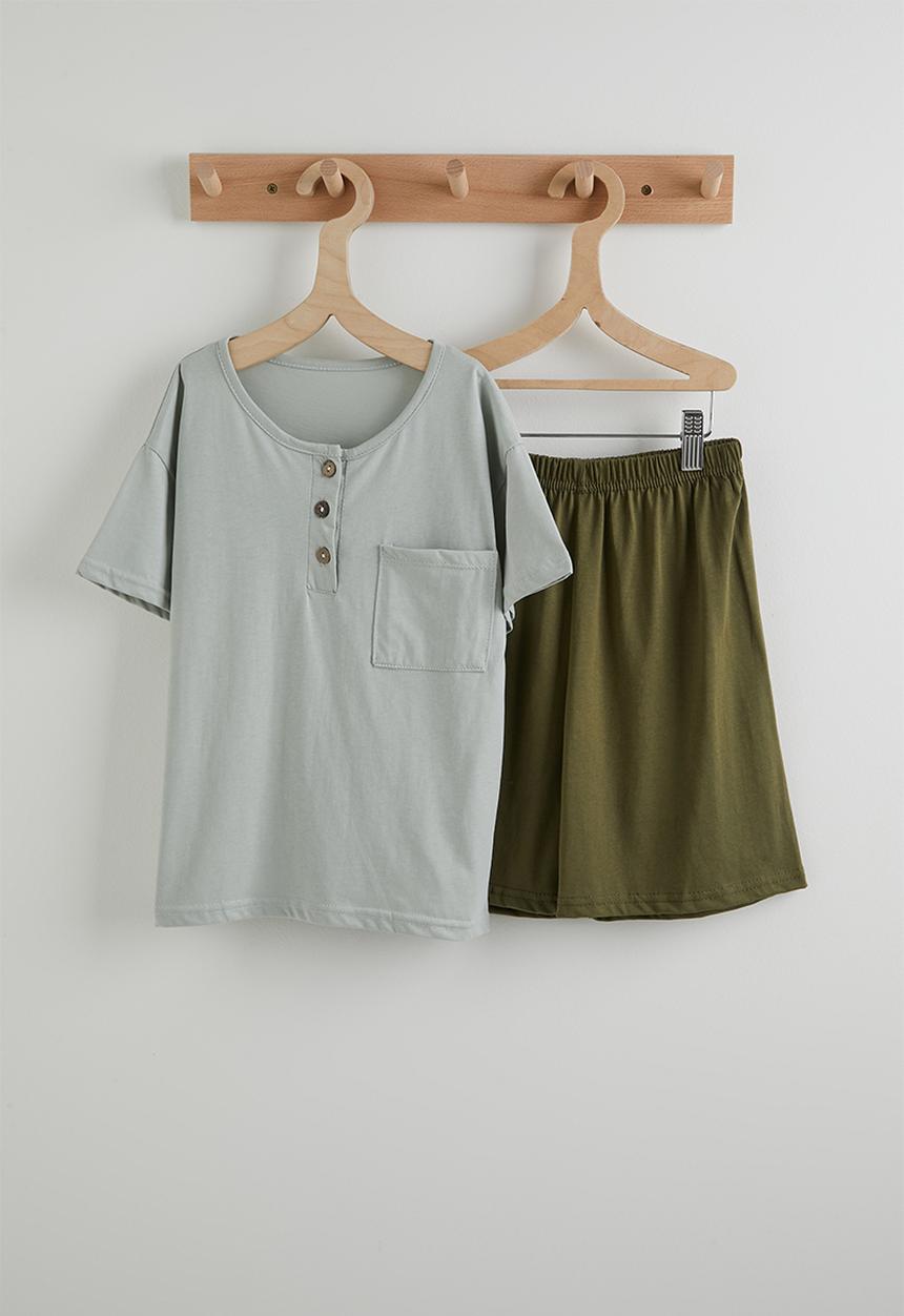 Pop Candy - Henley tee &shorts - grey & brown