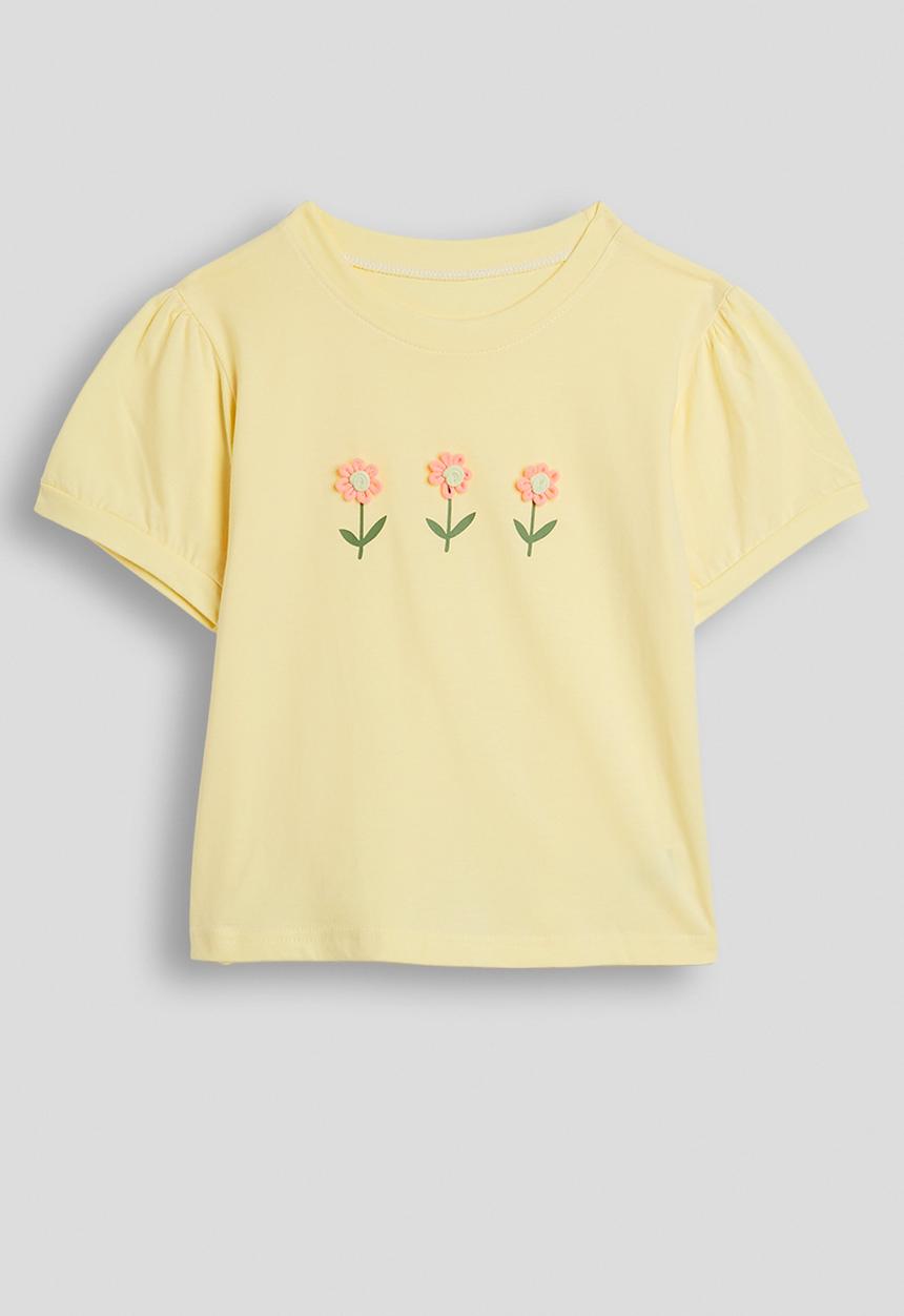Pop Candy - Floral applique puff sleeve tee - light yellow