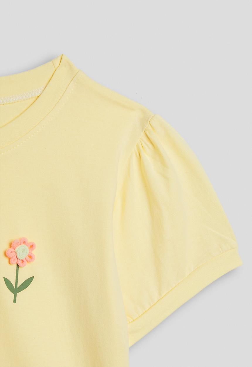 Pop Candy - Floral applique puff sleeve tee - light yellow