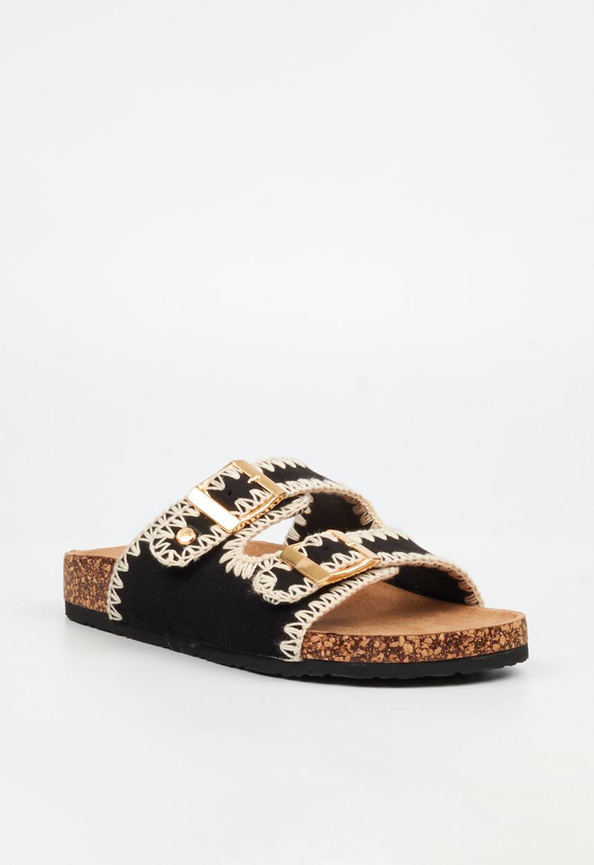 Viabeach - Qork 17 embroidered double buckle cork sandal - black