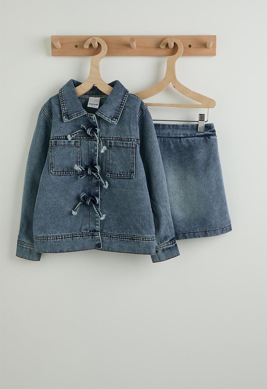 Pop Candy - Bow tie denim jacket and wrap skirt - blue