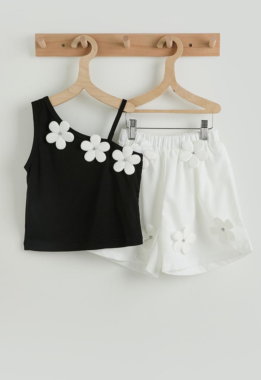 Pop Candy - Floral applique one shoulder tee with shorts - black/white