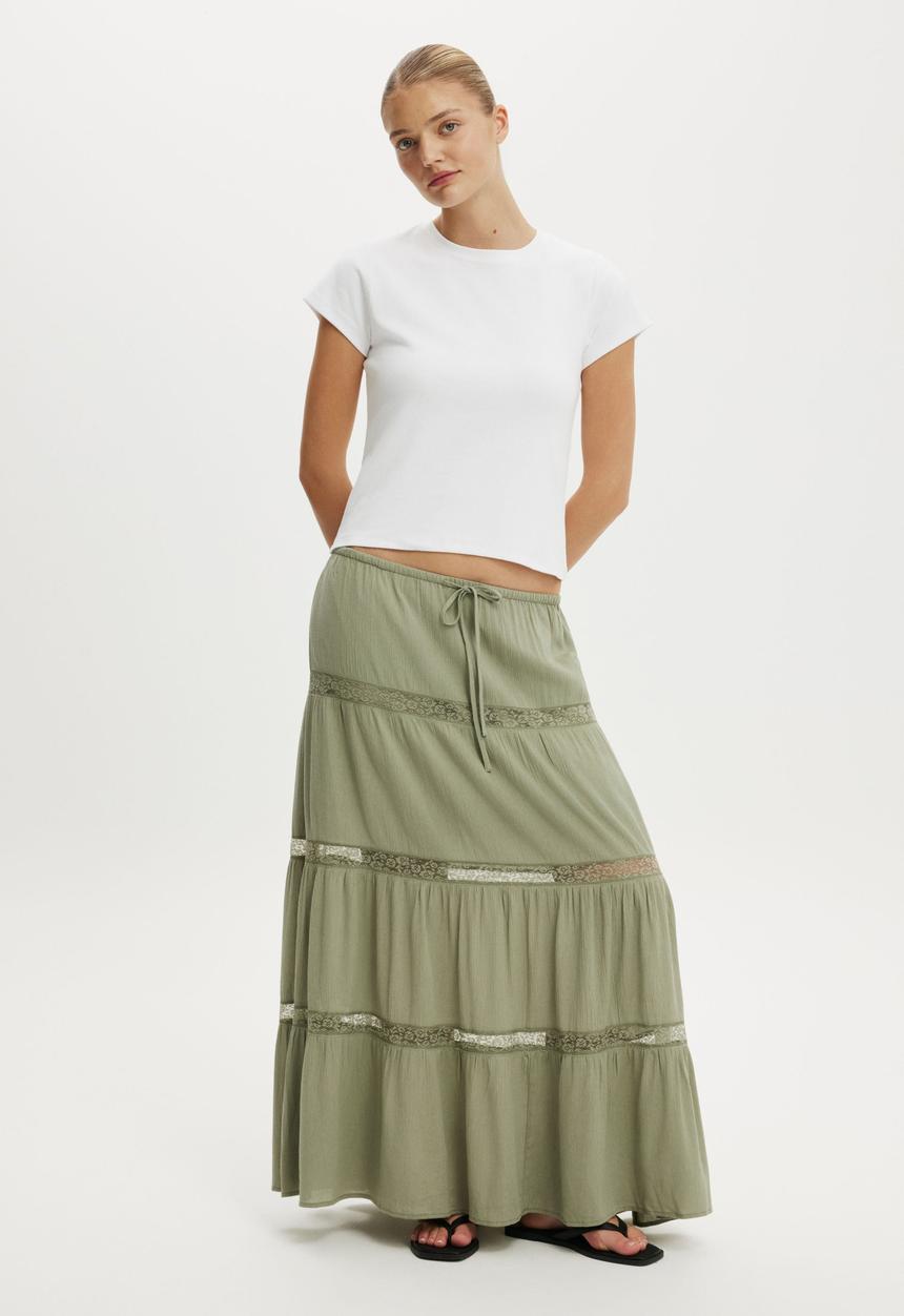 Cotton On - Haven Multi Tiered Maxi Skirt - Pale Eucalyptus Crinkle