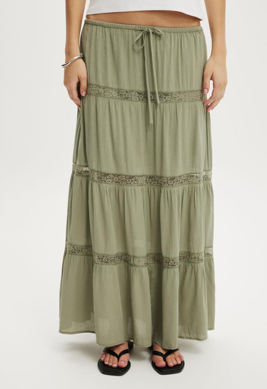 Cotton On - Haven Multi Tiered Maxi Skirt - Pale Eucalyptus Crinkle